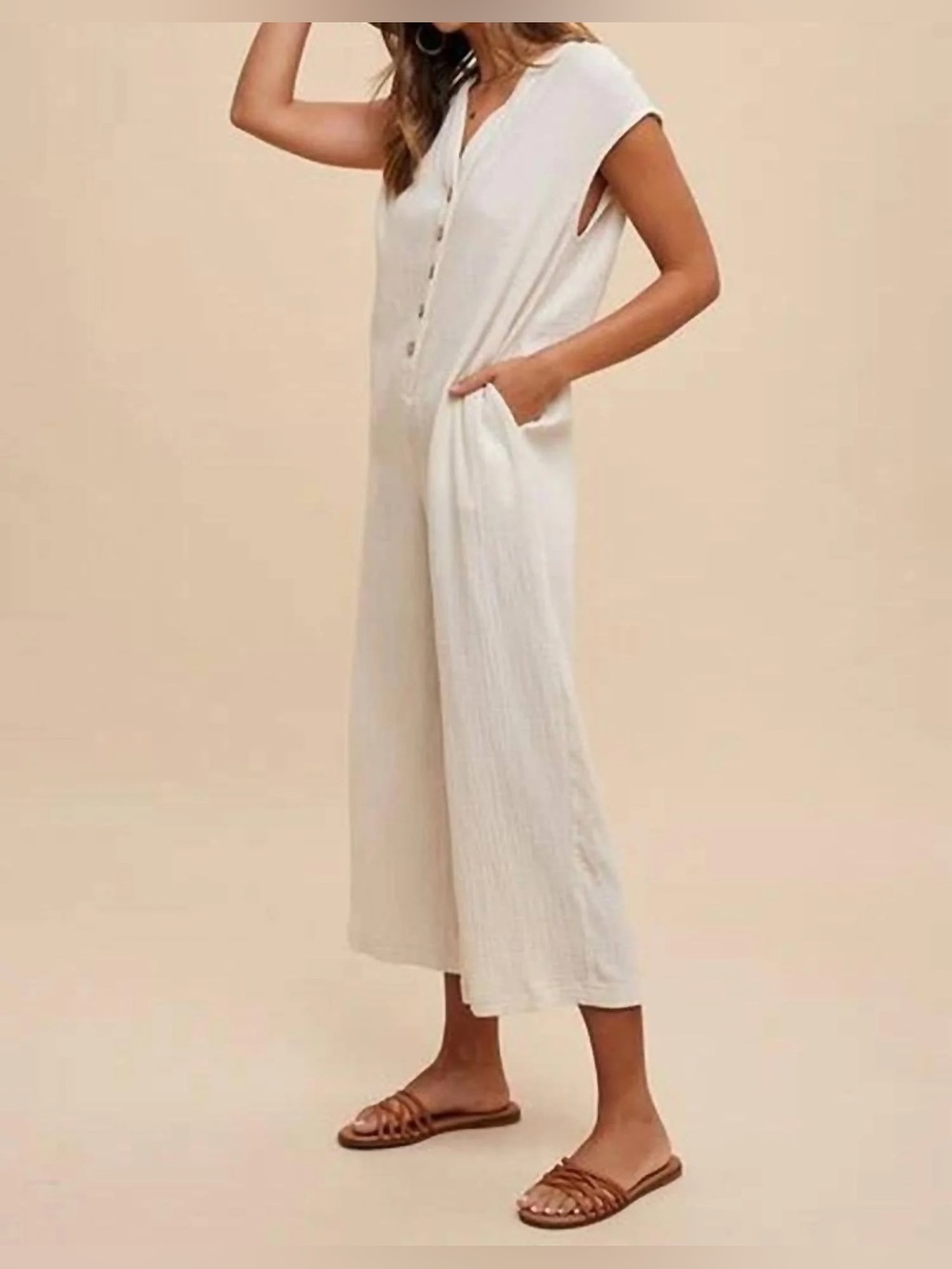 Anniewear Cotton Gauze Cream Jumpsuit M